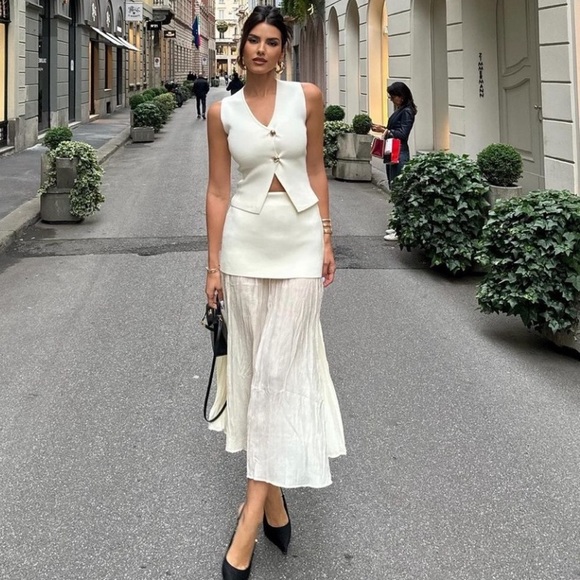 Zara Other - NWT Zara 2 Piece Gold Button Knitted Vest Top and Mix Pleaded Knit Skirt Set